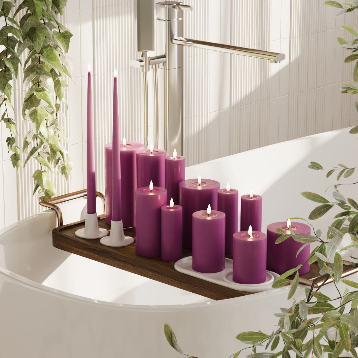Deluxe Homeart Pacote de velas LED - Violeta - 5 x 10 + 12,5 + 15 + 20 | 7,5 x 10 + 12,5 + 15 + 20 | 5 x 10 + 15 + 20 | 2 peças de 38 cm pacote 2